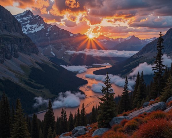 Vibrant Sunset Over Mountainous Landscape and River