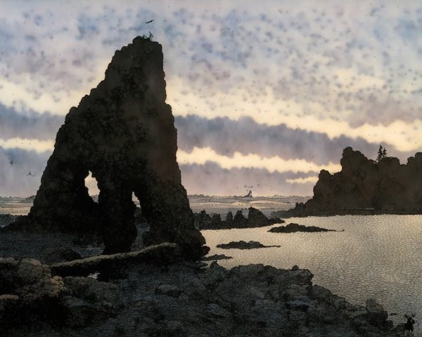 Serene Coastal Landscape at Twilight with Rock Formation