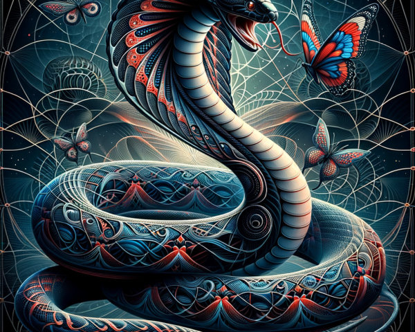 Vibrant Snake Artwork with Butterflies and Geometry