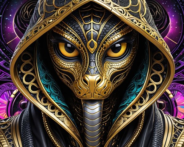 Cloaked Cobra Creature in Mystical Background Artwork