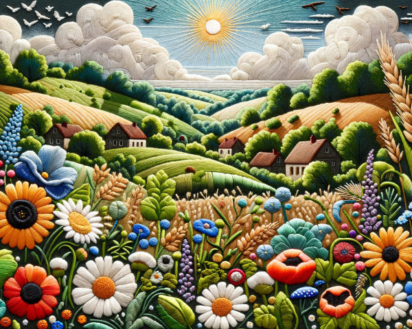 Vibrant Landscape with Colorful Flowers and Rolling Hills