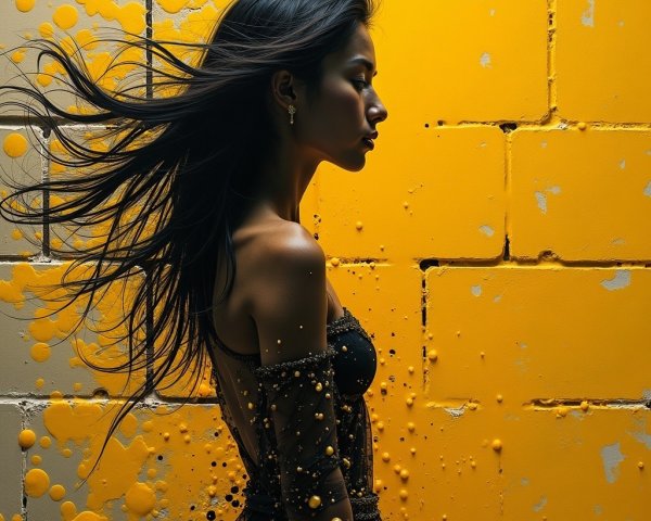 Woman in elegant outfit by vibrant yellow wall