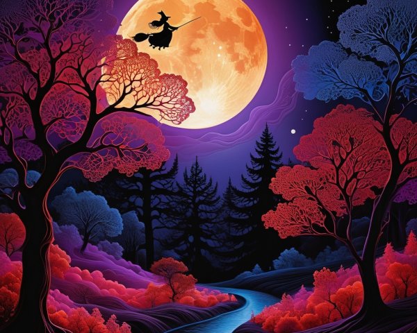 Magical Landscape with Witch Under Full Moon