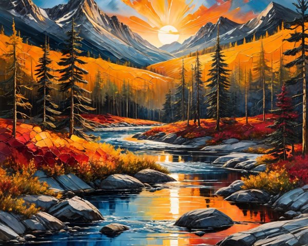 Vibrant Landscape of River and Mountains at Sunset
