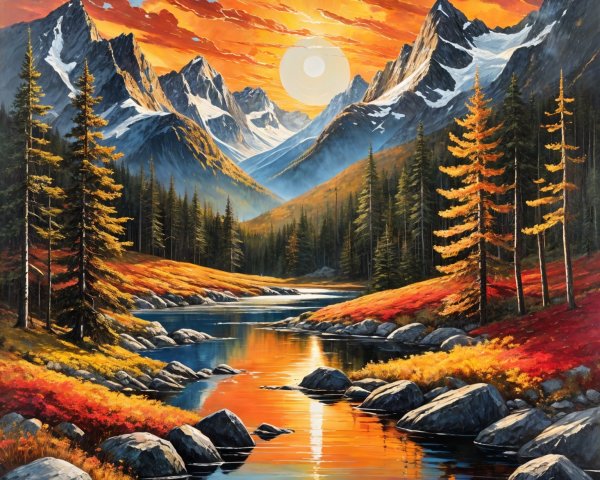 Vibrant Landscape with Mountains and Sunset Reflections