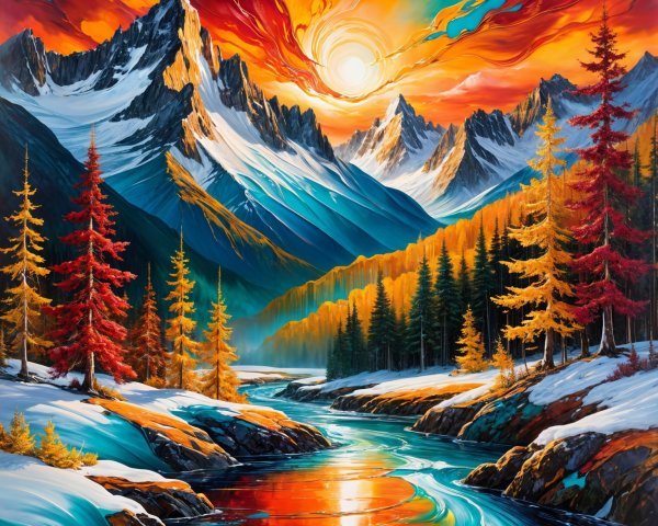 Vibrant Sunset Over Snow-Capped Mountains and River