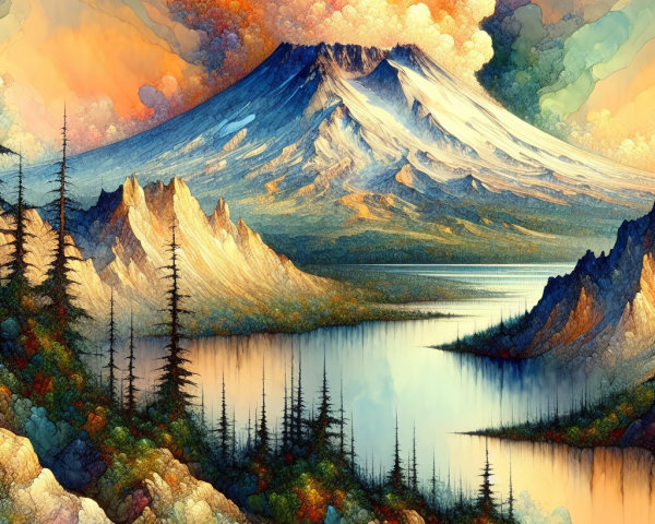 Surreal Landscape with Majestic Mountain and Lake