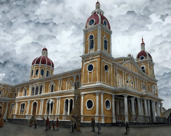 Ornate Building with Yellow Facade and Red Domes