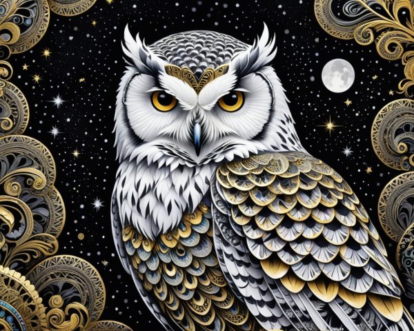 Detailed Owl with Golden Eyes in Starry Background