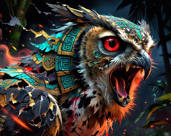 Fearsome Owl with Red Eyes and Aztec Armor Details