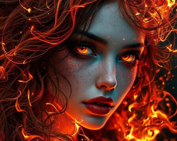 Portrait of a mythical character with fiery red hair