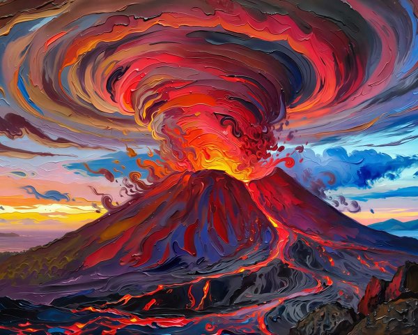 Expressionistic Painting of a Volcanic Eruption at Sunset