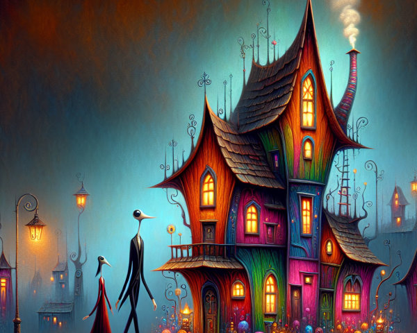 Colorful whimsical house under twilight sky with figures