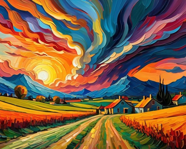 Impressionistic Landscape with Rolling Hills and Houses