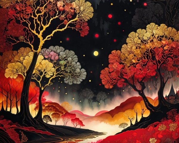 Mystical Landscape with Vibrant Trees and River Reflection