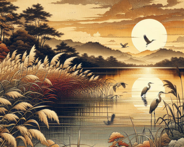 Serene Sunset Landscape with Cranes and Mountains