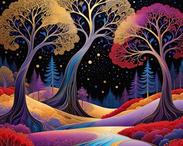 Surreal Landscape with Vibrant Trees and River Reflection