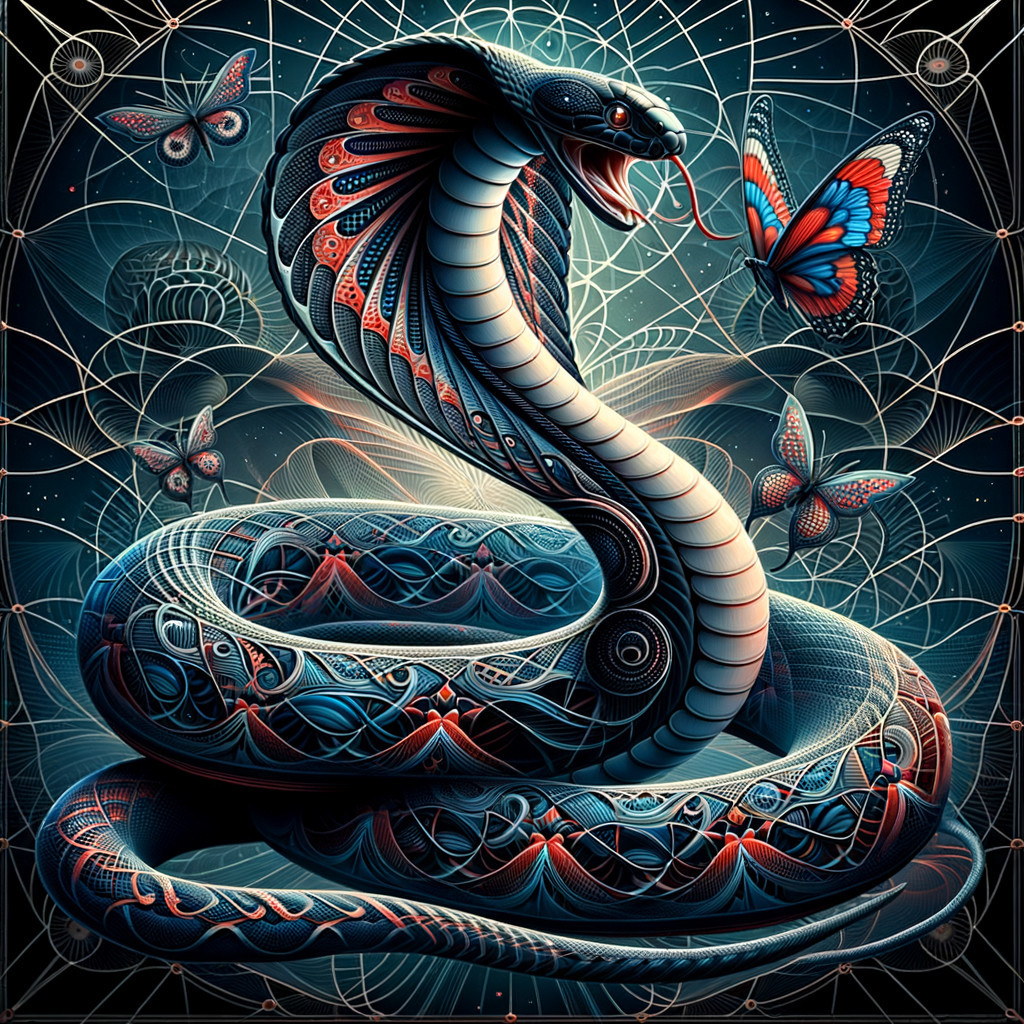 Vibrant Snake Artwork with Butterflies and Geometry
