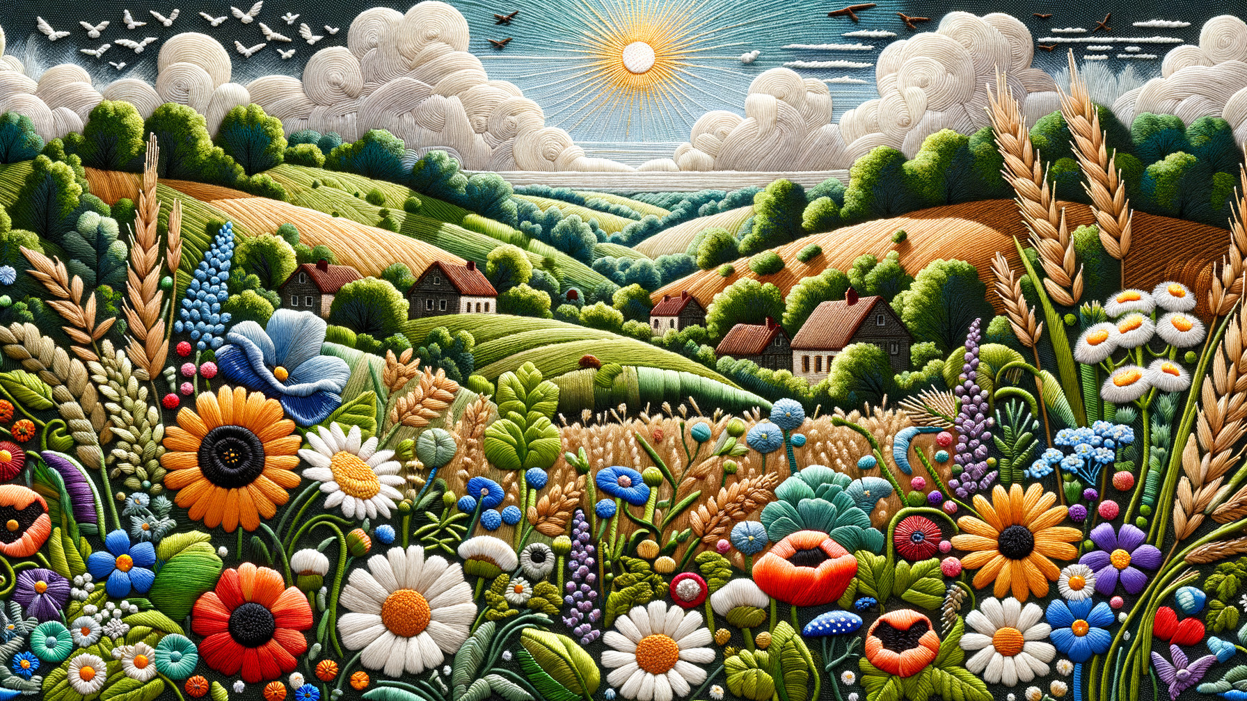 Vibrant Landscape with Colorful Flowers and Rolling Hills