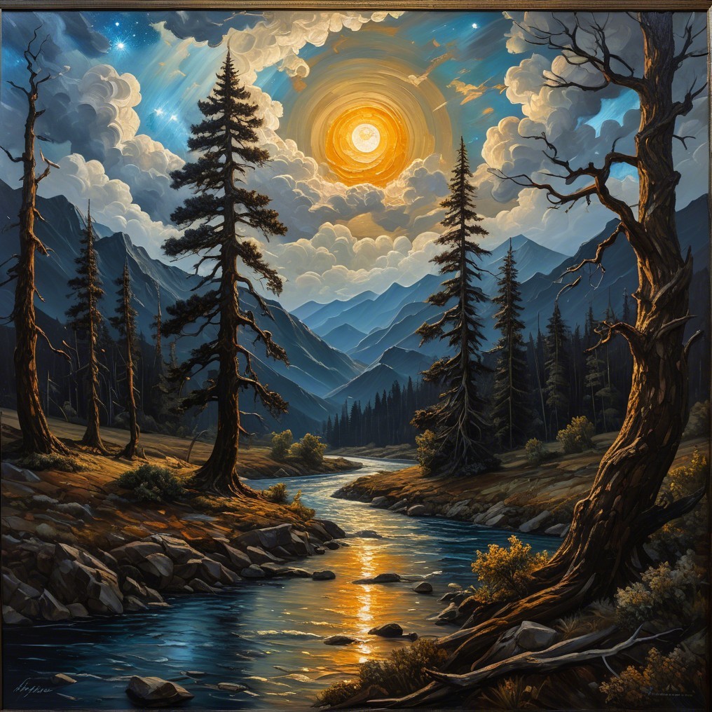Majestic Wilderness Painting with Dynamic River and Sky