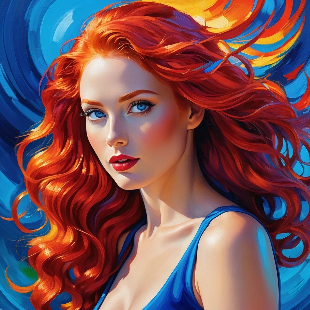Portrait of a Woman with Red Hair and Dynamic Colors