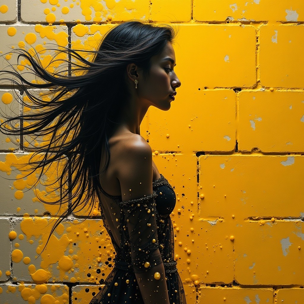 Woman in elegant outfit by vibrant yellow wall