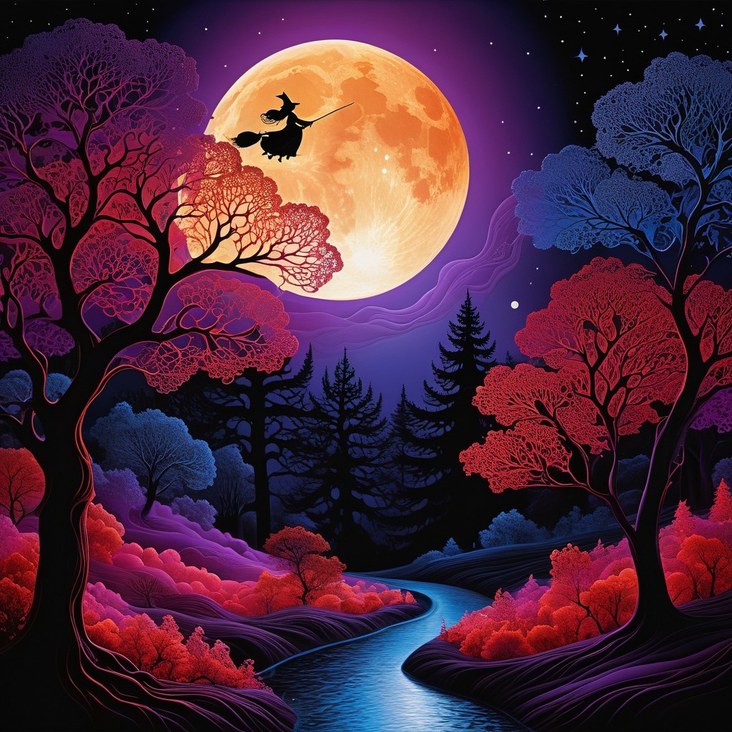 Magical Landscape with Witch Under Full Moon