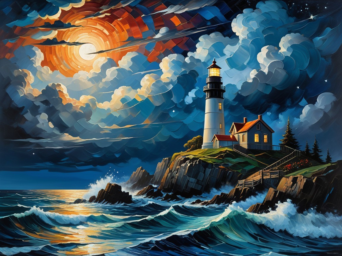 Vibrant Oil Painting of Lighthouse on Rocky Cliff