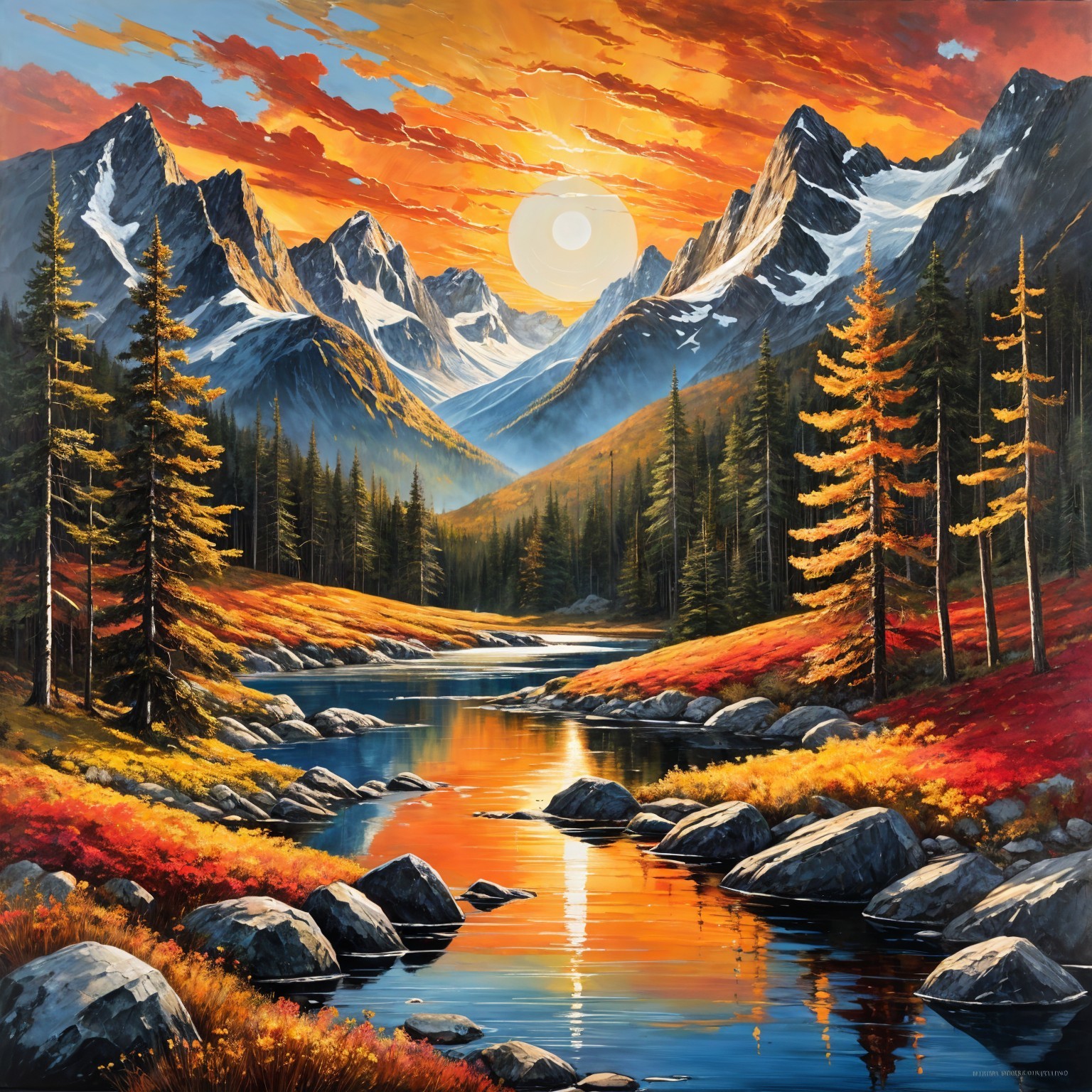 Vibrant Landscape with Mountains and Sunset Reflections