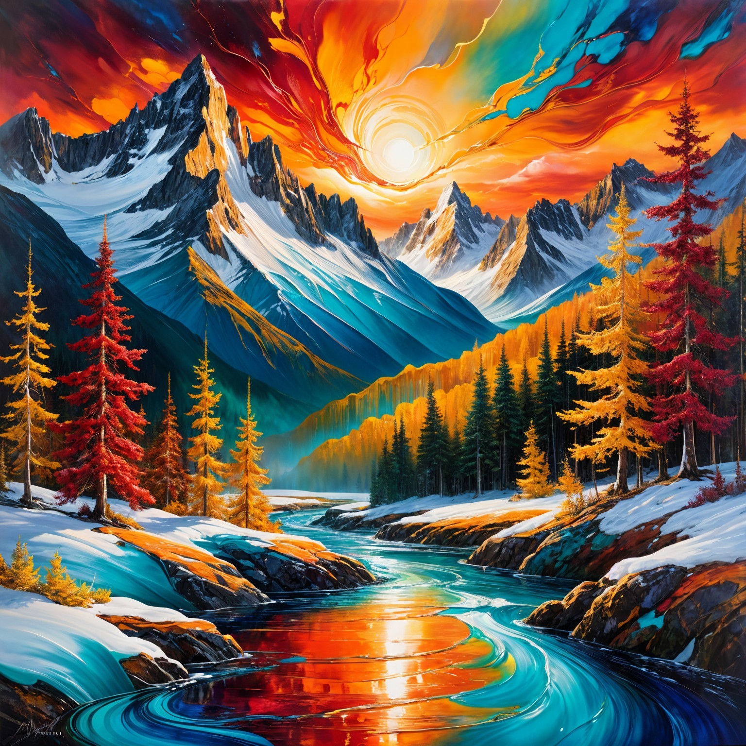Vibrant Sunset Over Snow-Capped Mountains and River
