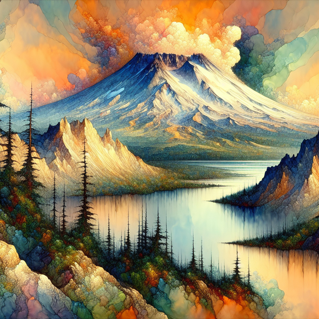 Surreal Landscape with Majestic Mountain and Lake