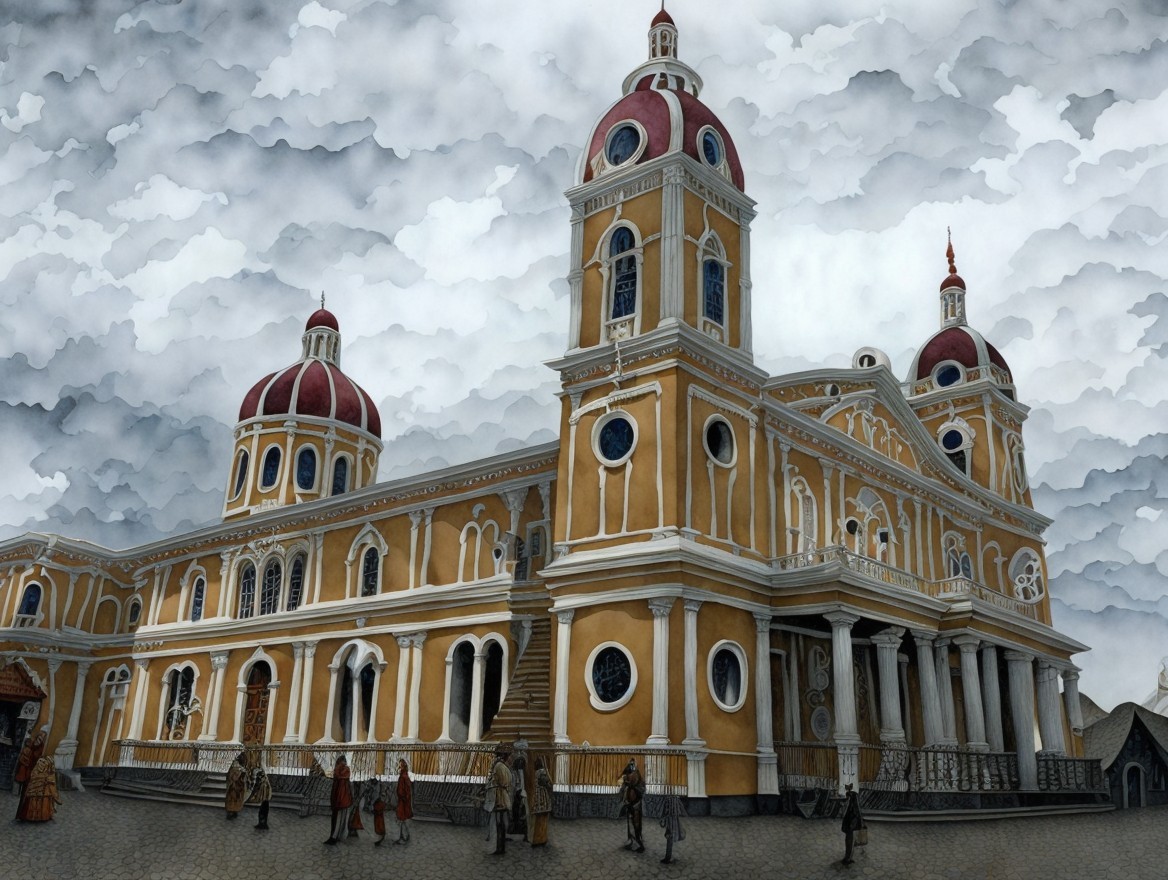 Ornate Building with Yellow Facade and Red Domes