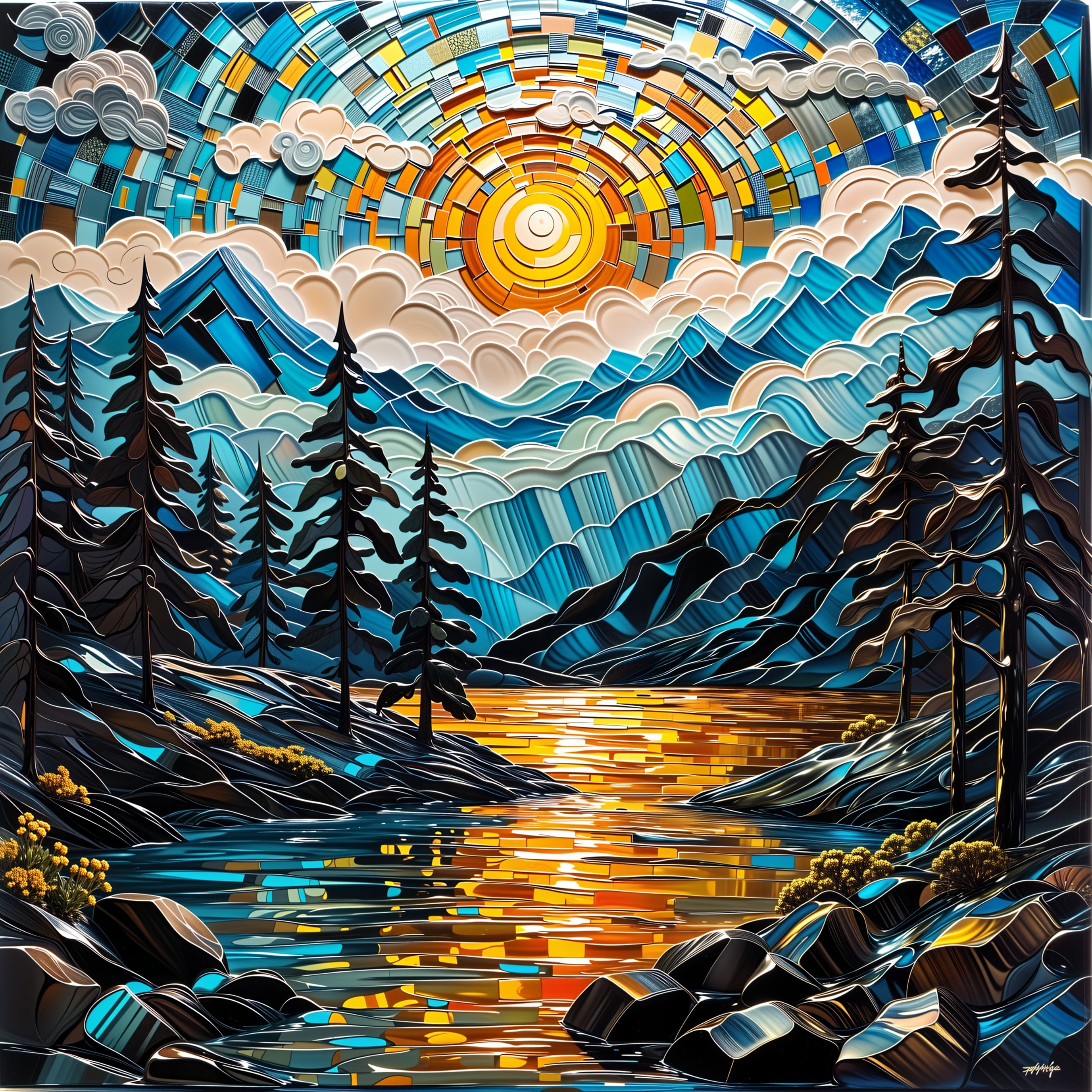 Vibrant landscape with river and mountainous terrain
