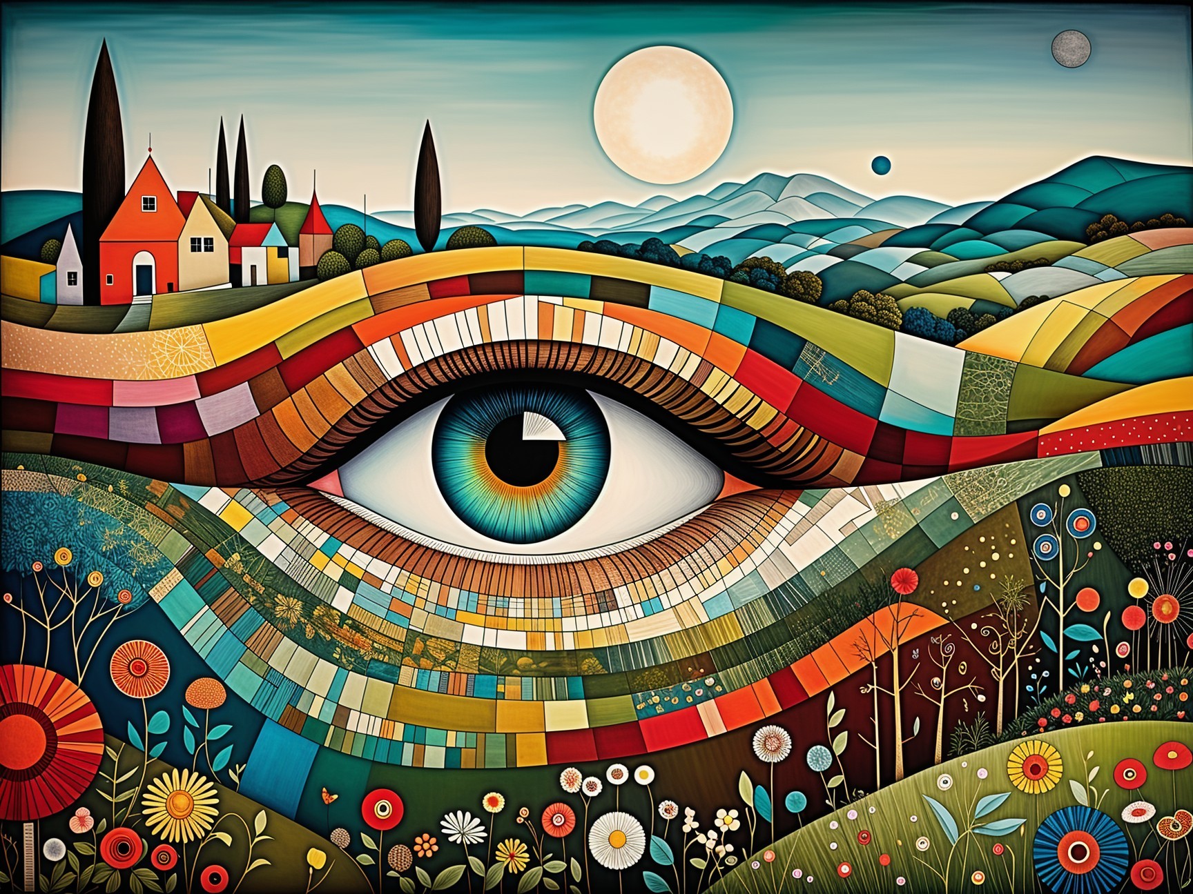 Surreal Landscape with Central Eye and Colorful Hills