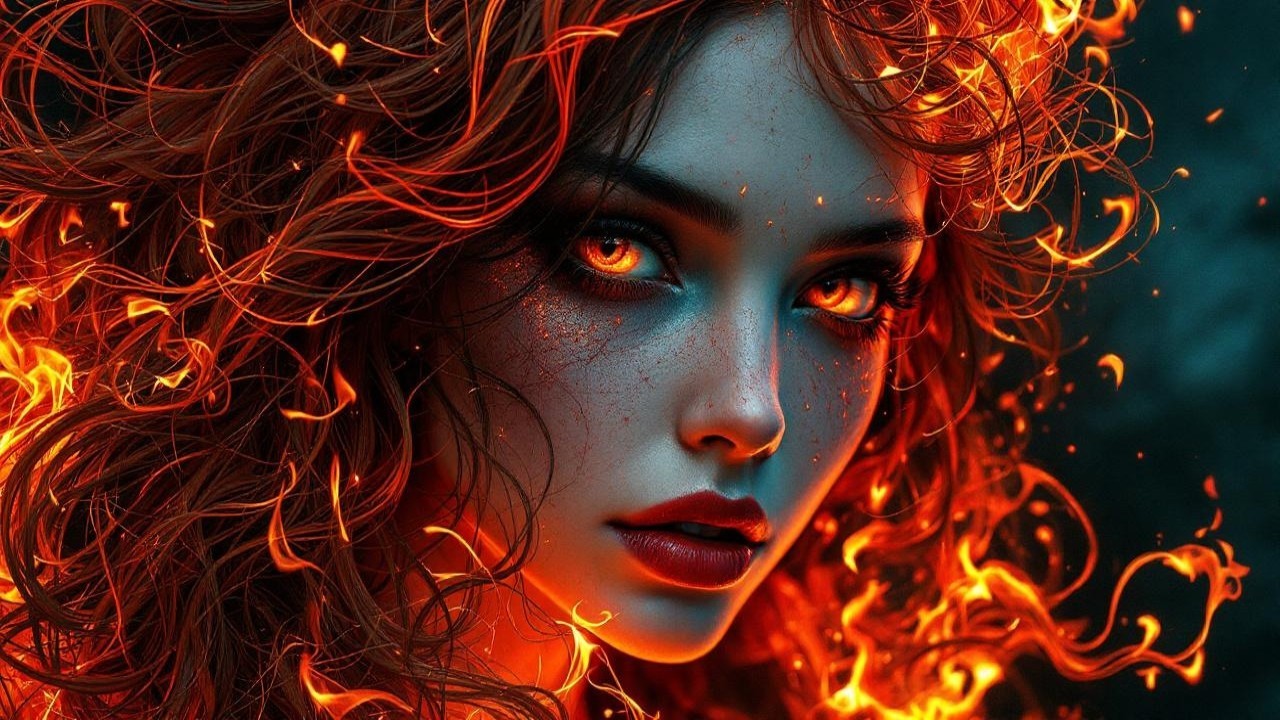 Portrait of a mythical character with fiery red hair