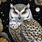 Detailed Owl with Golden Eyes in Starry Background