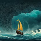 Lone Sailboat with Orange Sails in Stormy Sea Scene