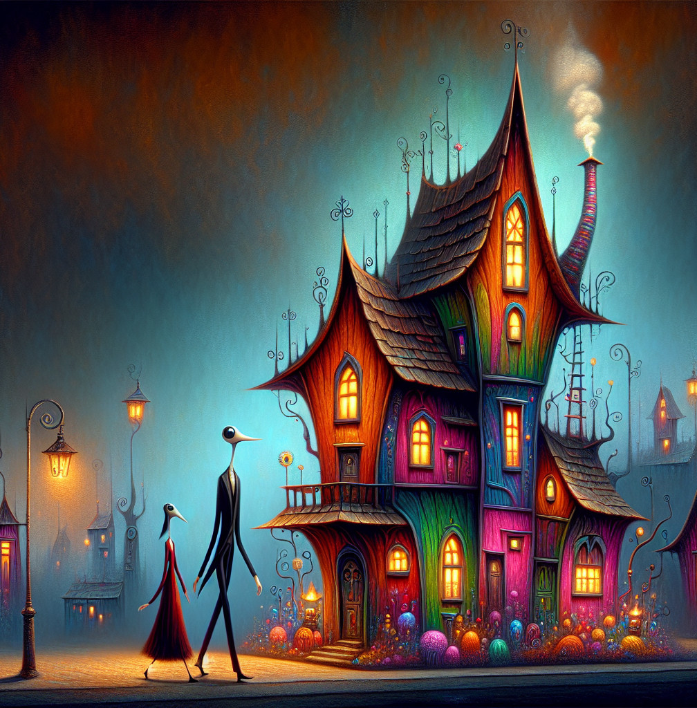 Colorful whimsical house under twilight sky with figures