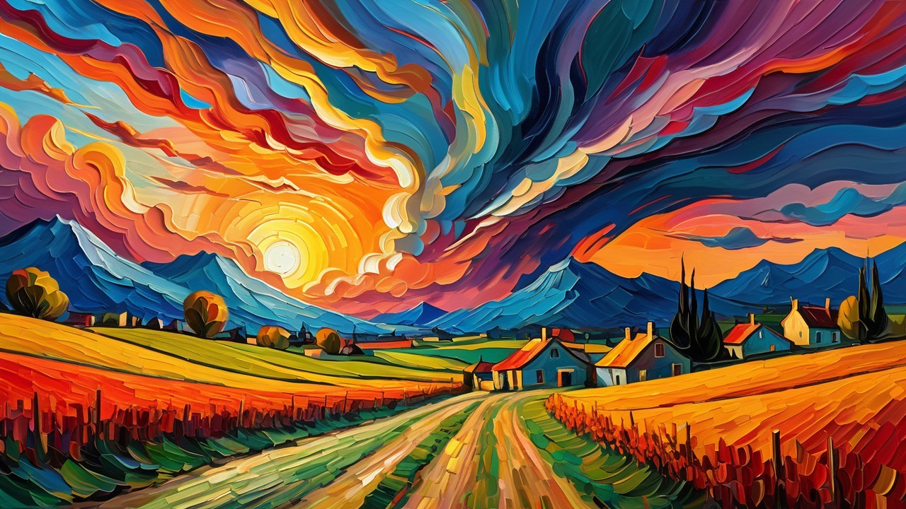 Impressionistic Landscape with Rolling Hills and Houses