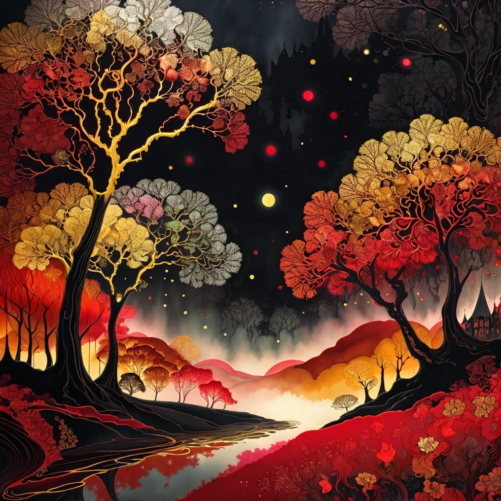 Mystical Landscape with Vibrant Trees and River Reflection