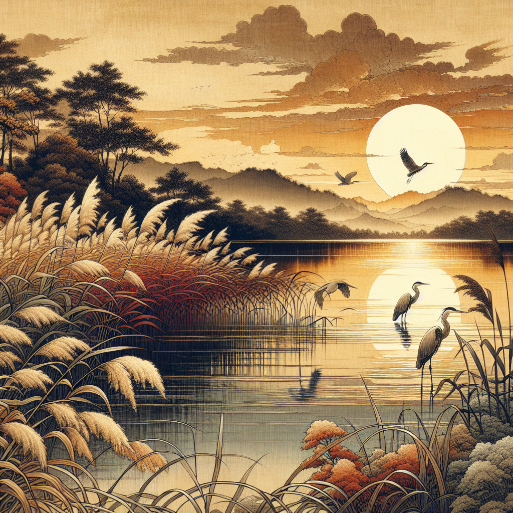 Serene Sunset Landscape with Cranes and Mountains