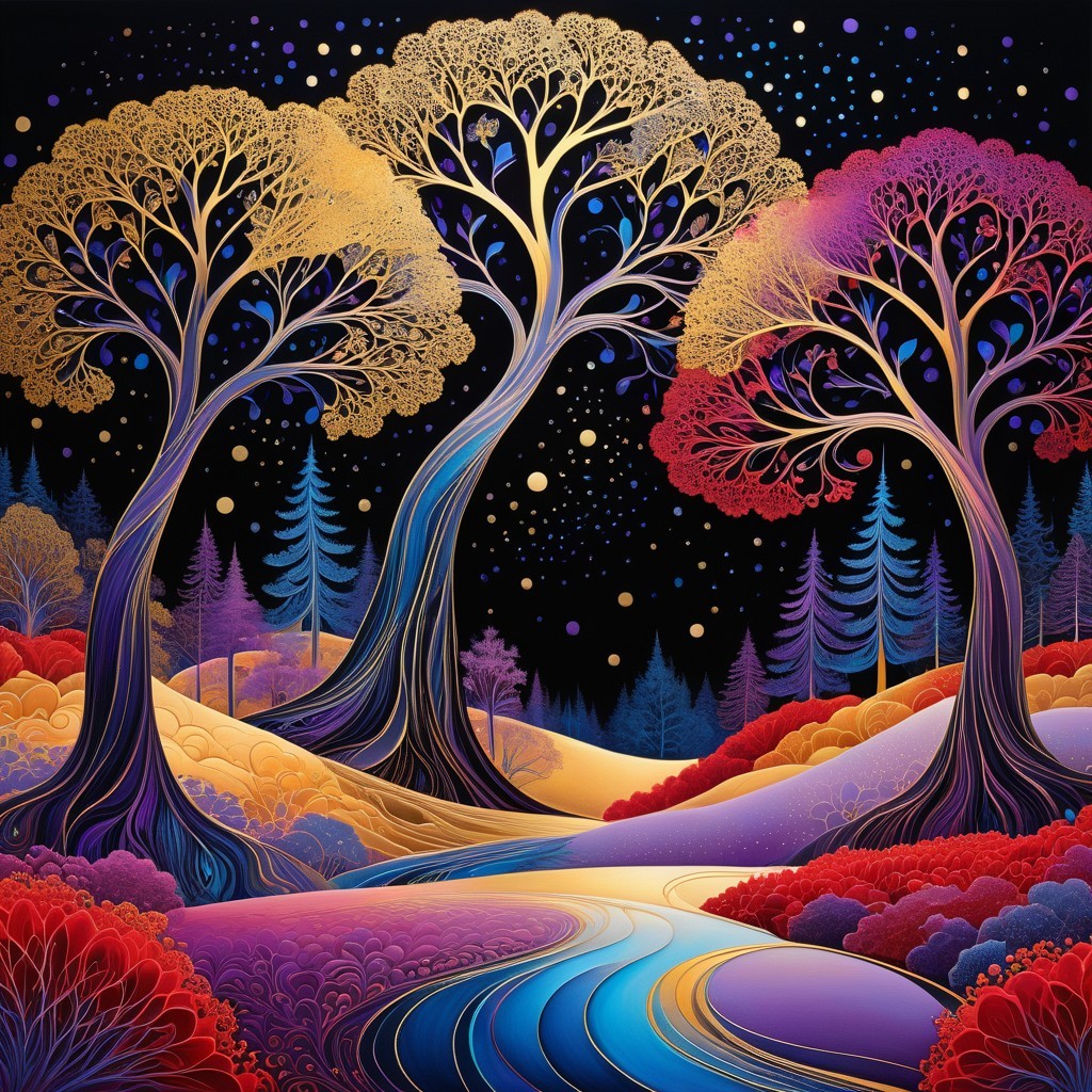 Surreal Landscape with Vibrant Trees and River Reflection