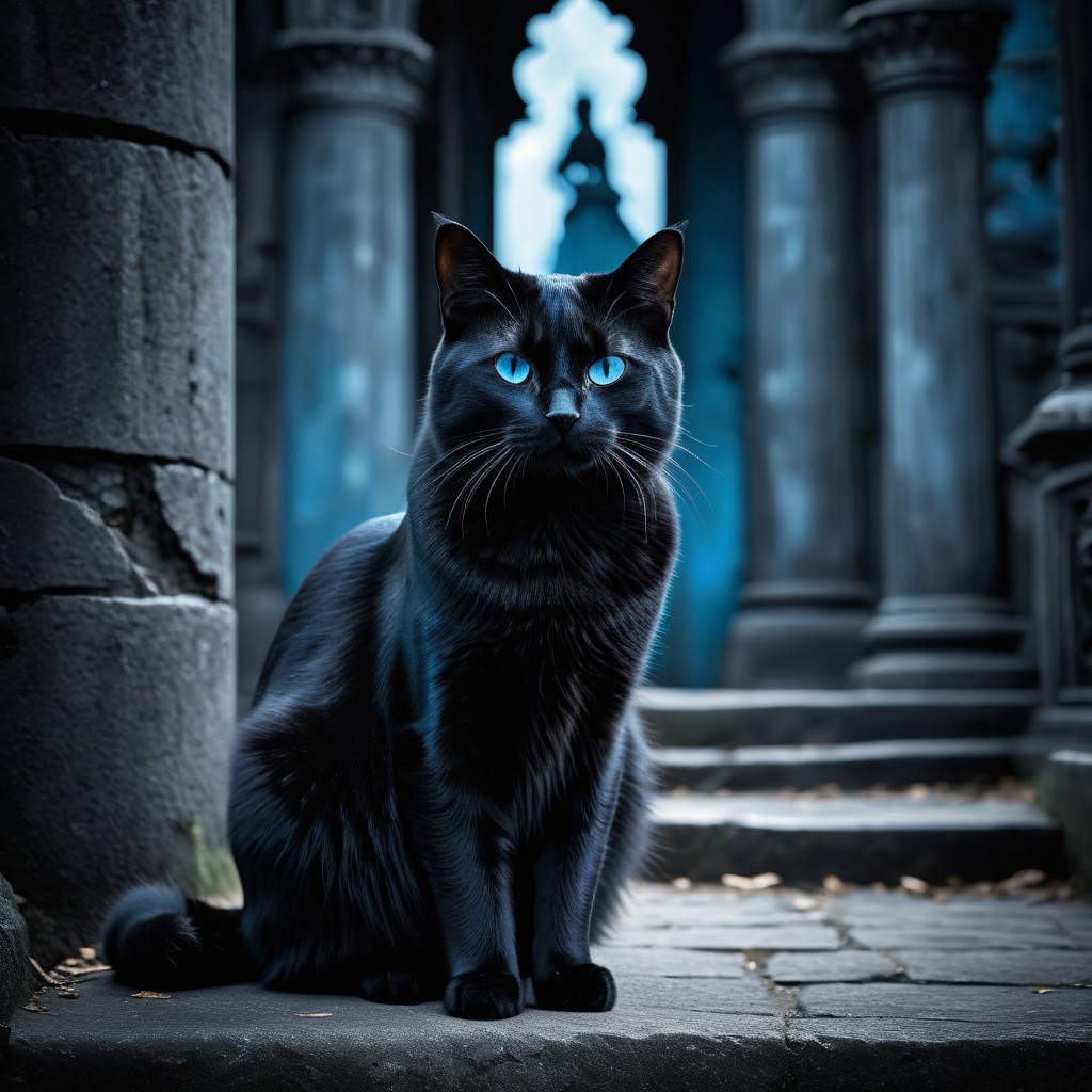 Black Cat with Blue Eyes in Mystical Setting