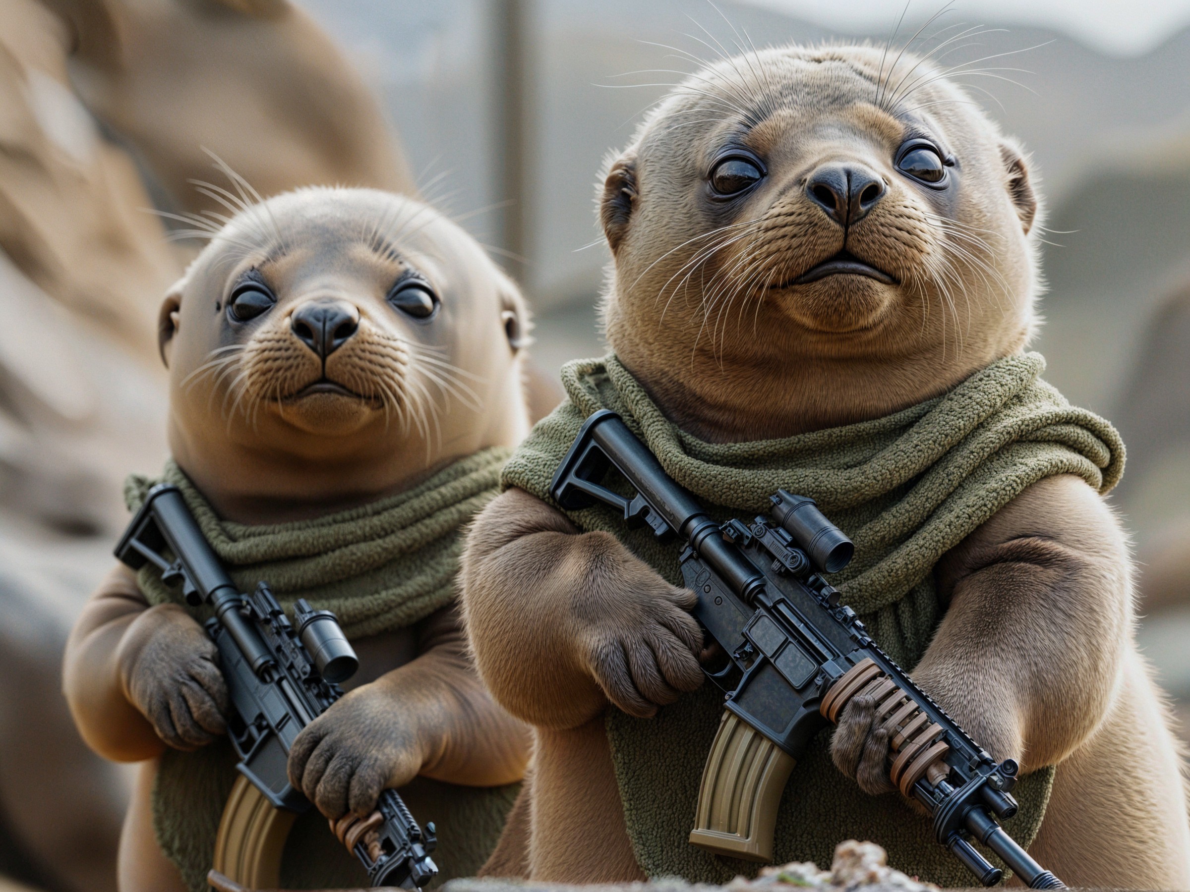 Cartoon Seal Pups in Olive Green with Toy Rifles