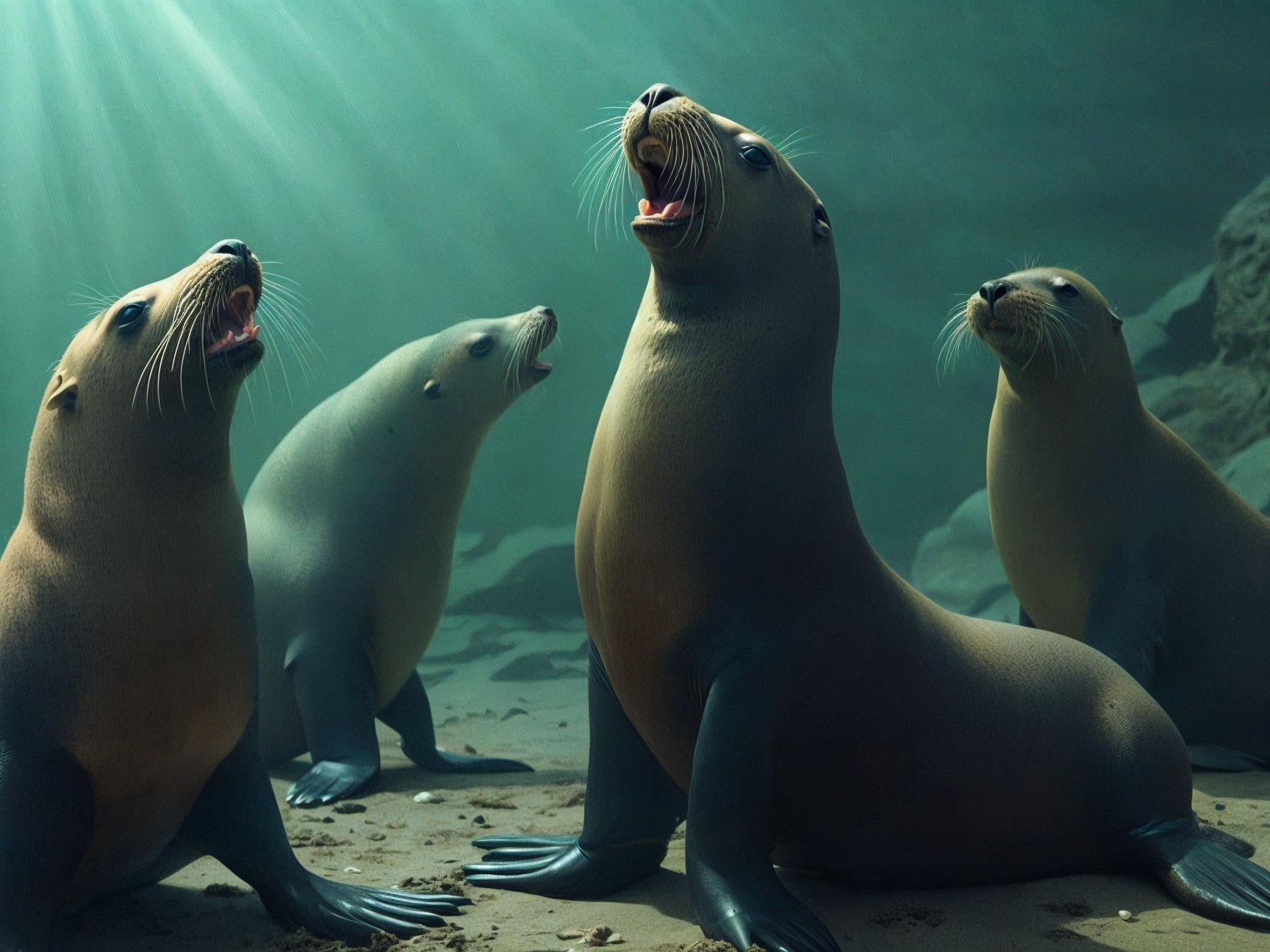 Underwater Gathering of Vocal Sea Lions in Ocean