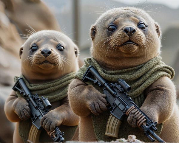 Cartoon Seal Pups in Olive Green with Toy Rifles