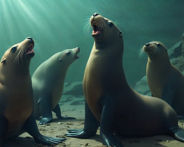 Underwater Gathering of Vocal Sea Lions in Ocean