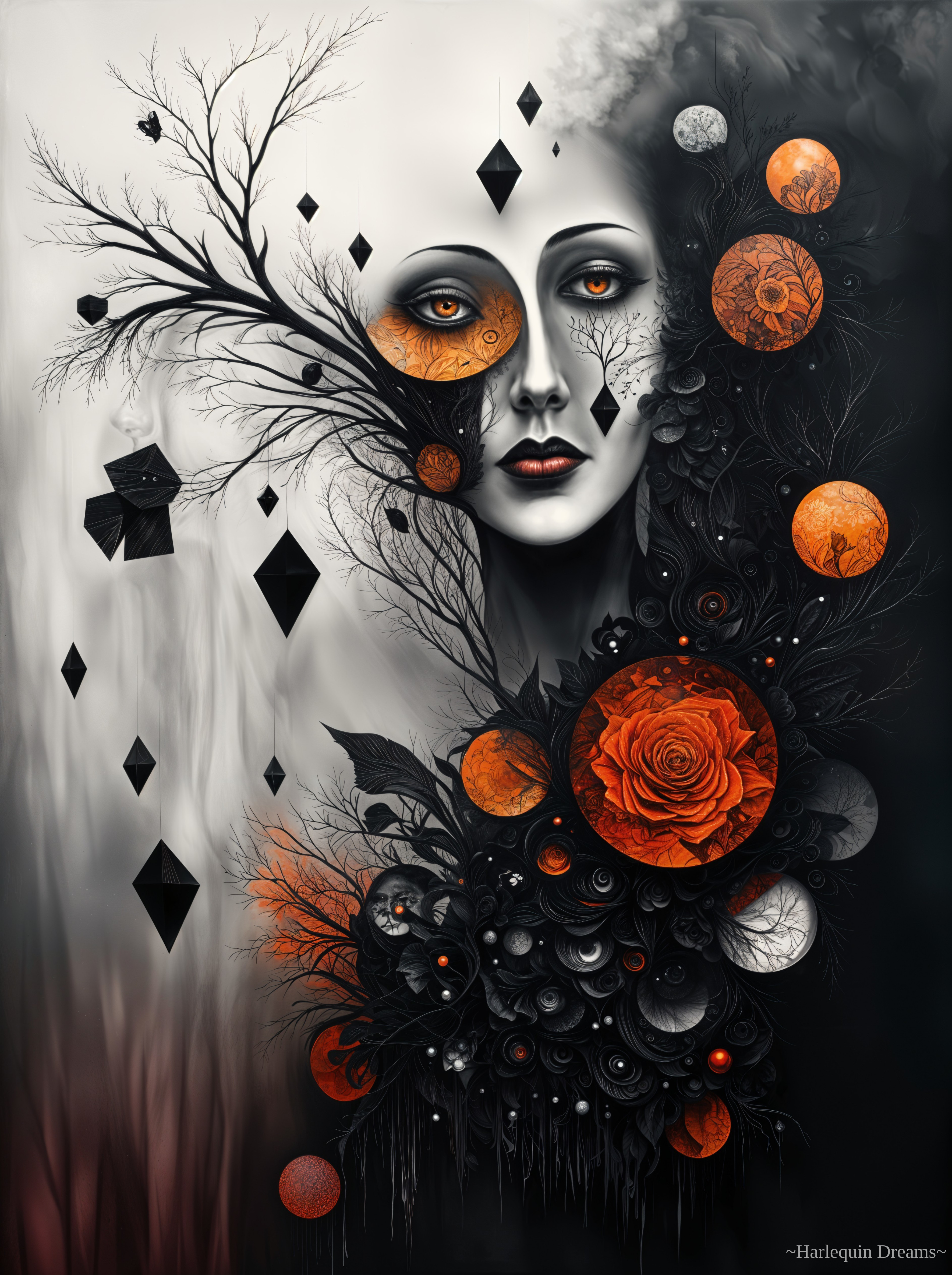 Surreal Gothic Art with Haunting Face and Patterns