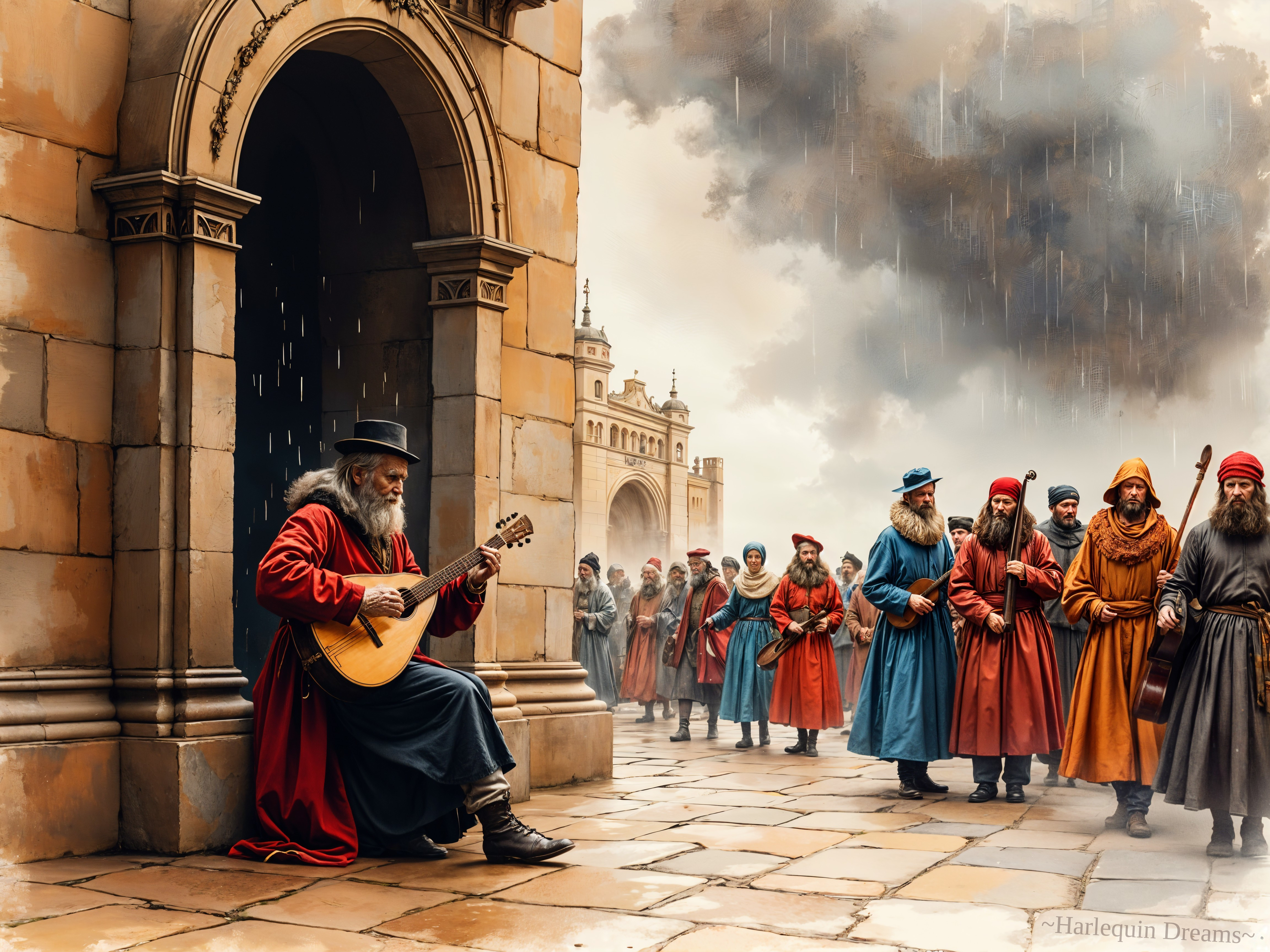 Elderly Musician Performs Under Archway in Medieval Setting