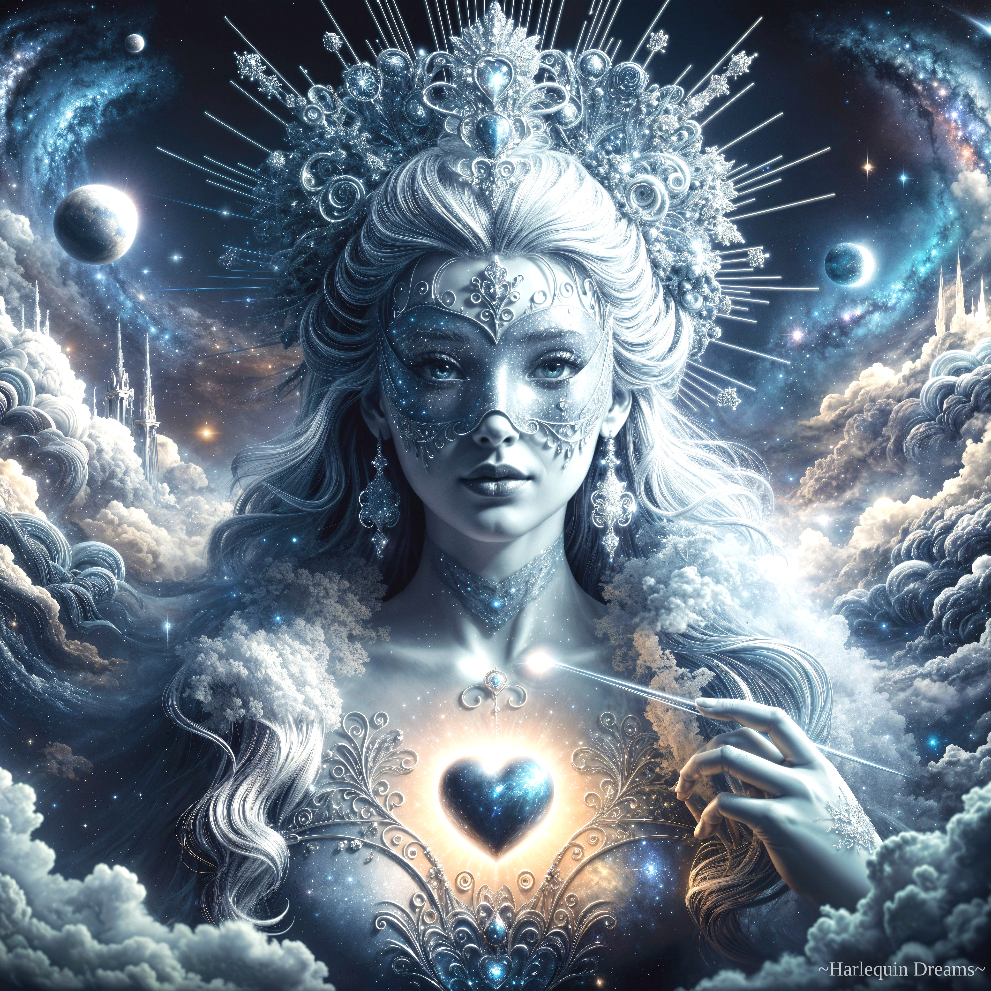 Mystical Figure in Ethereal Clouds with Cosmic Elements